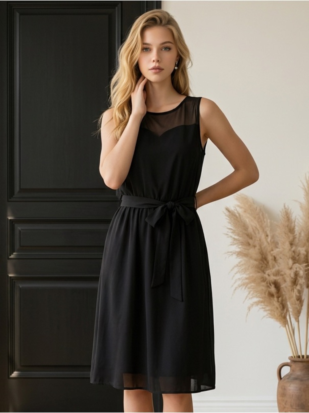 vfish Women's Black Mini Knee-Length Sleeveless Scoop Neck Tie Dress L NWT